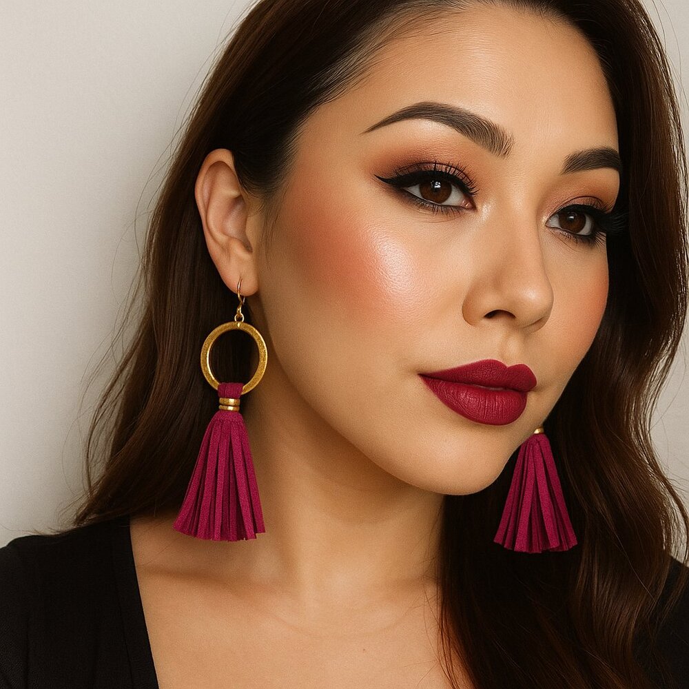 NWT CANVAS Faux Suede Burgundy Tassel Fishhook Earrings 3.5 inches‎